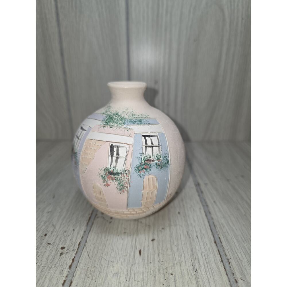 Vintage Pottery Vase Hand Painted Colorful Houses Handmade Clay Decor Signed